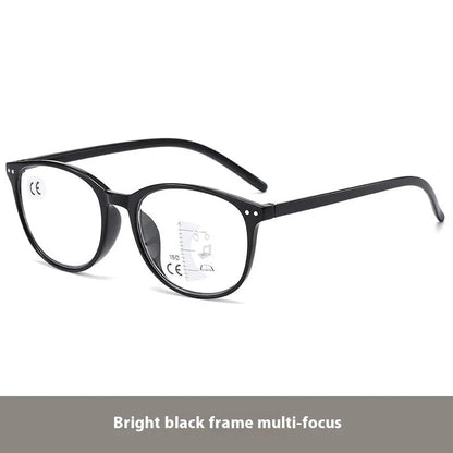 Women's multi-focus presbyopic glasses with adjustable nose pads and spring hinges in black and blue frame