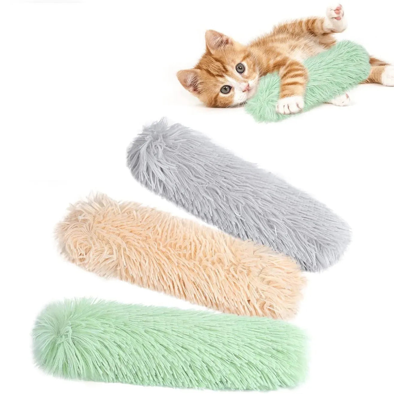 Plush cat toy pillow in blue, green, pink, and white colours measuring 27 by 10 centimetres