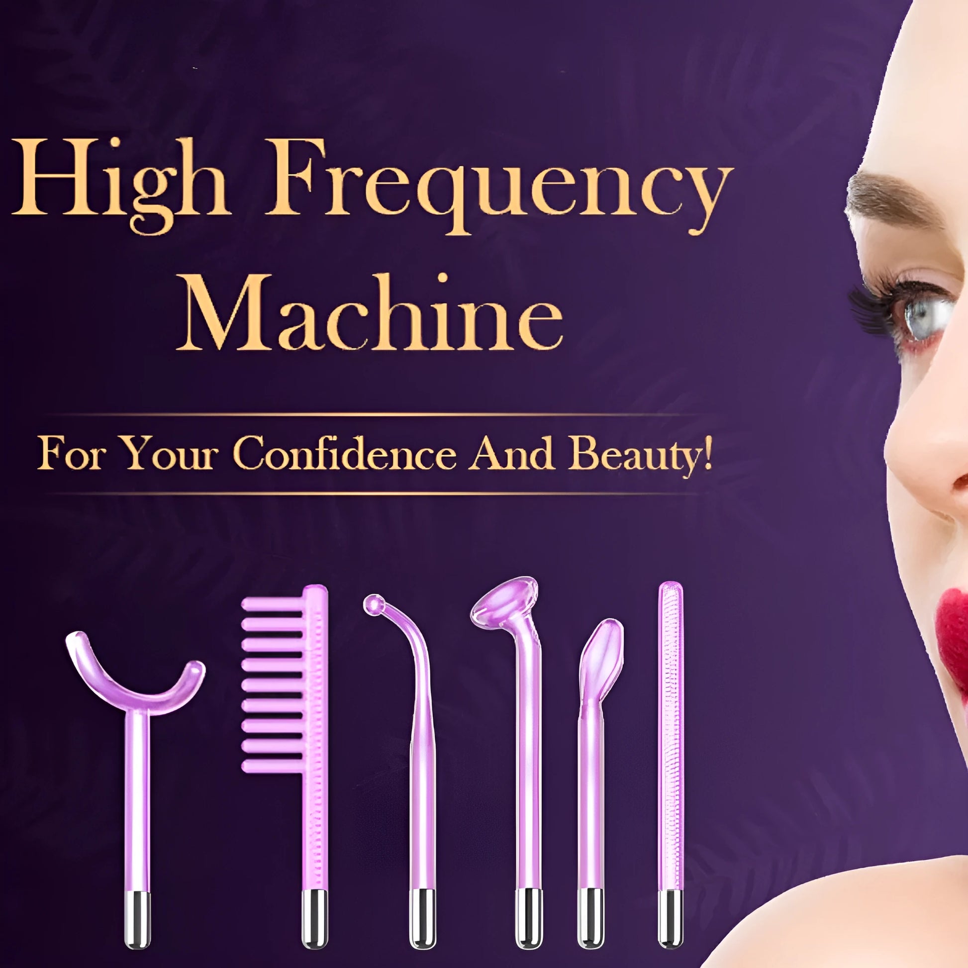 Purple high-frequency beauty instrument with six accessory heads for professional skin treatment