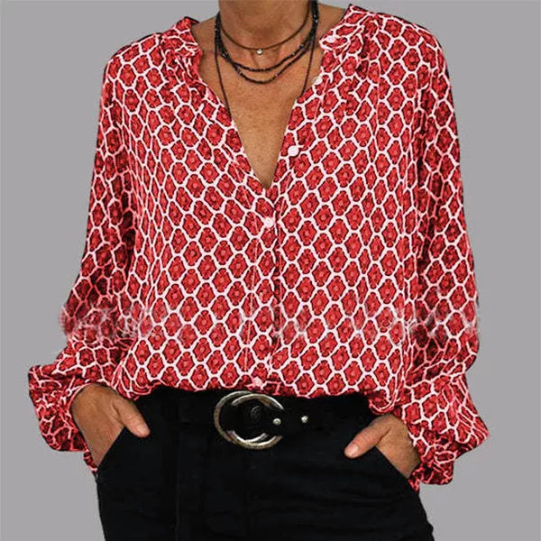 Women's lozenge print V-neck long sleeve shirt in unique 3D pattern