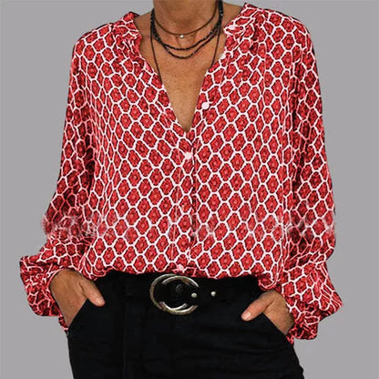 Women's lozenge print V-neck long sleeve shirt in unique 3D pattern