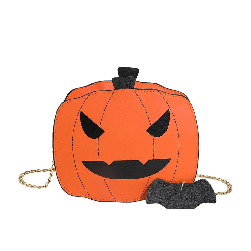 Halloween Cartoon Pumpkin Shoulder Bag in various colors with adjustable chain strap