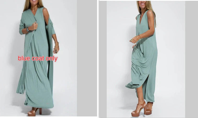 Women's V-neck sleeveless dress and long cardigan jacket set in solid colors