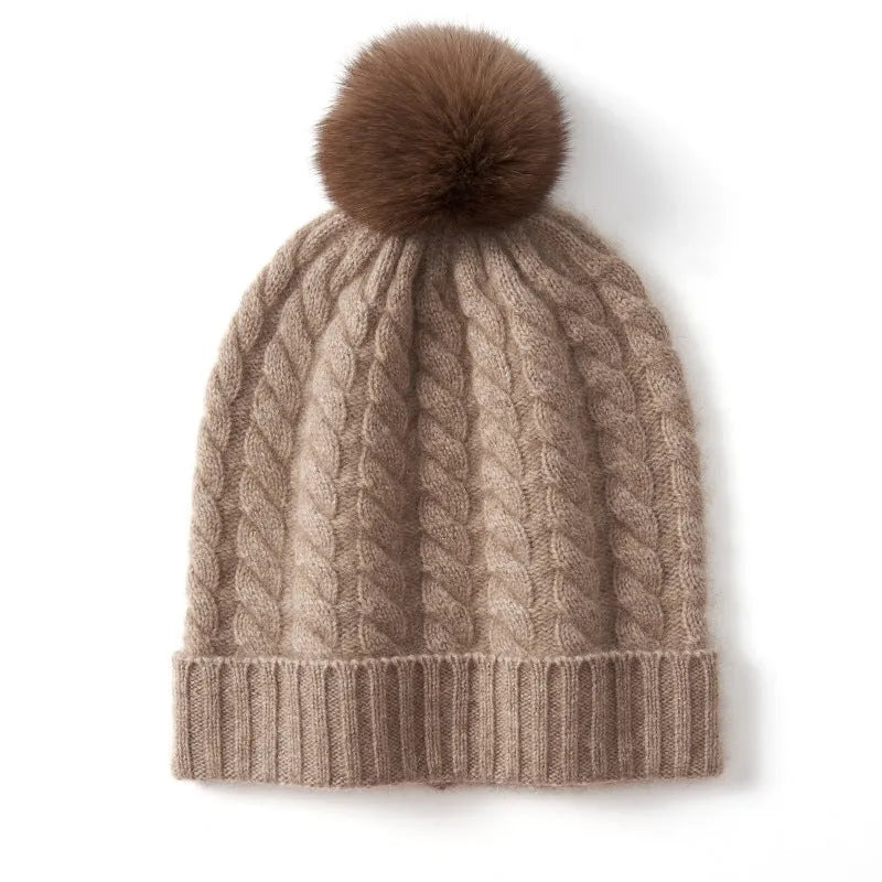 Women's cashmere knitted hat with fur ball in white velvet colour, average size, autumn winter accessory