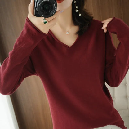 Women's V-neck long sleeve knitwear top in multiple colours with non-ironing fabric