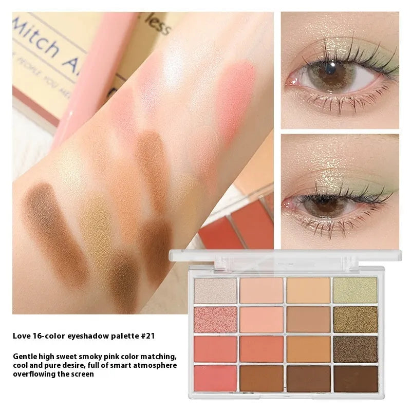 16-colour eye shadow palette showing matte and shimmer powder shades in pink, brown and lavender tones