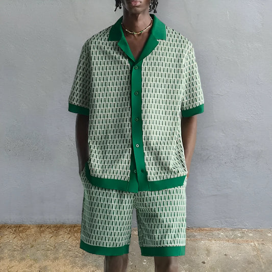 Men's plus size short-sleeved shirt and printed shorts two-piece set in colour MHX01344.