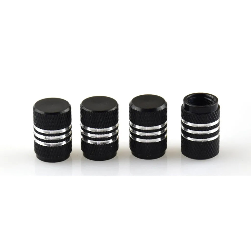 Set of stainless steel car tyre valve caps in multiple colours: black, red, blue, gold, silver, green, purple, sky blue, grey, orange.