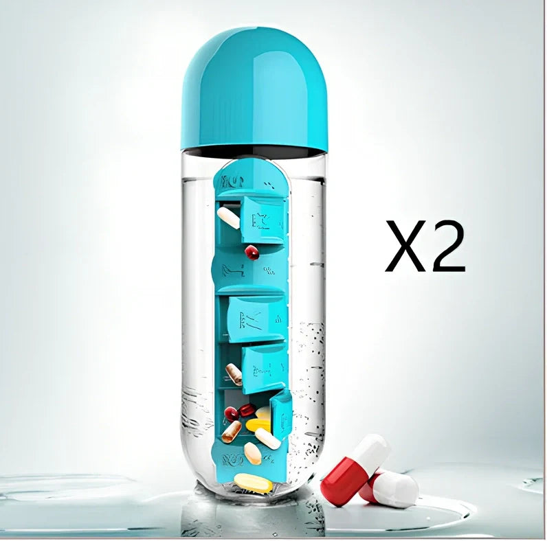 Two-in-one water cup with attached 7-day pill organiser showing daily compartments and screw-top lid