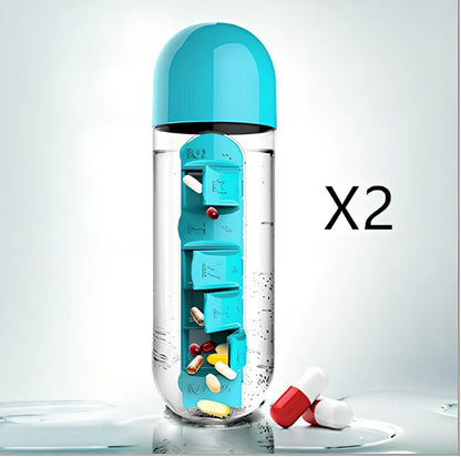 Two-in-one water cup with attached 7-day pill organiser showing daily compartments and screw-top lid