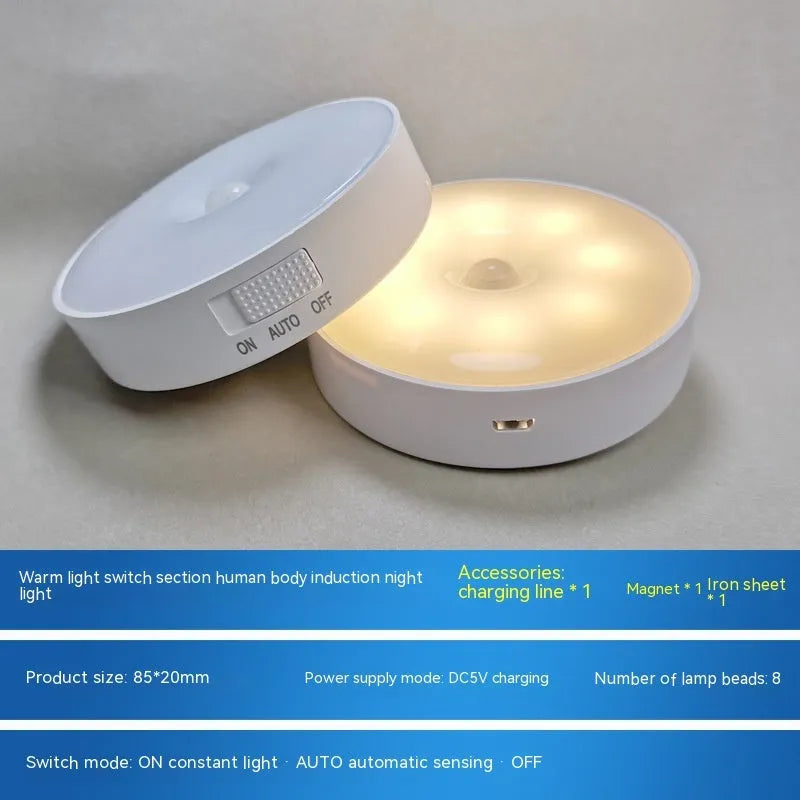 LED body sensing night light with USB charging, 86mm diameter, in beige or white, showing 3M tape for installation