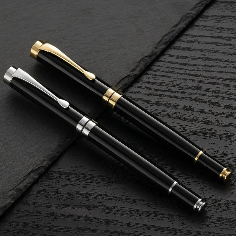 Metal fountain pen showing multiple colour options with gold and silver clips for calligraphy practice
