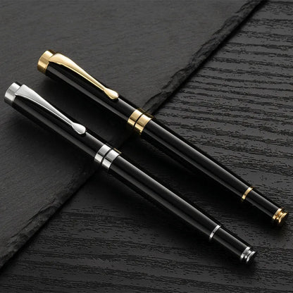 Metal fountain pen showing multiple colour options with gold and silver clips for calligraphy practice