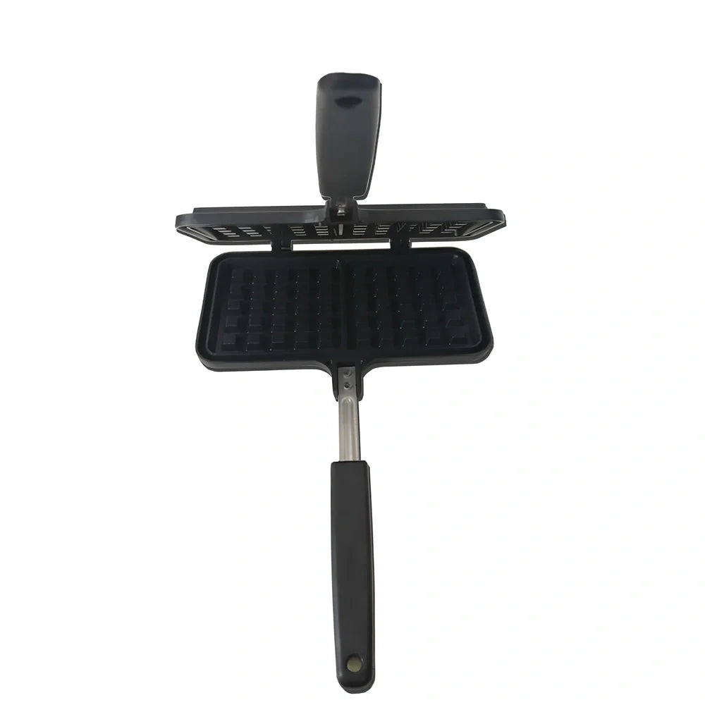 Black non-stick aluminium waffle mold 22x12x23cm with plaid pattern plates and locking handle for gas stove use