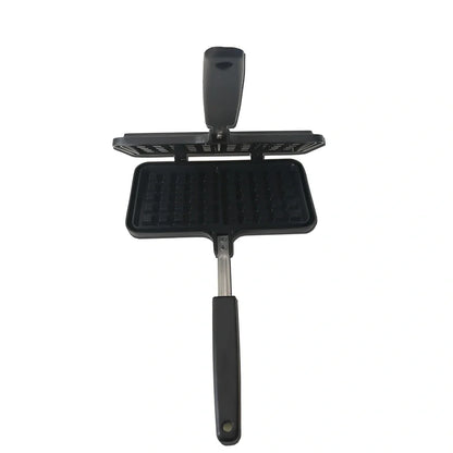 Black non-stick aluminium waffle mold 22x12x23cm with plaid pattern plates and locking handle for gas stove use