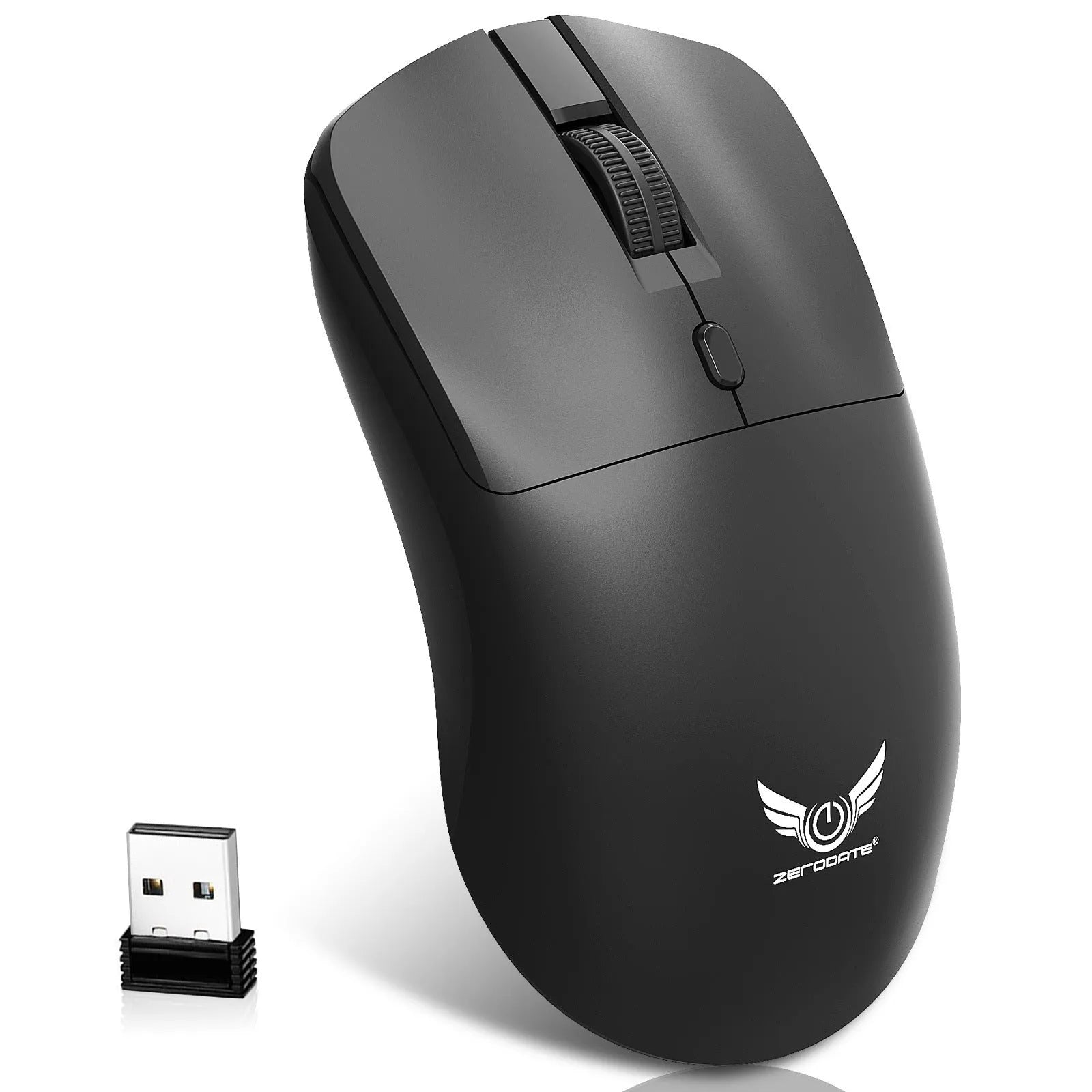 Black wireless computer mouse with three-gear audio button showing top view