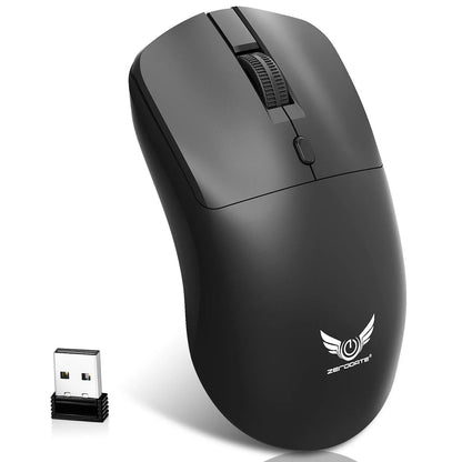 Black wireless computer mouse with three-gear audio button showing top view