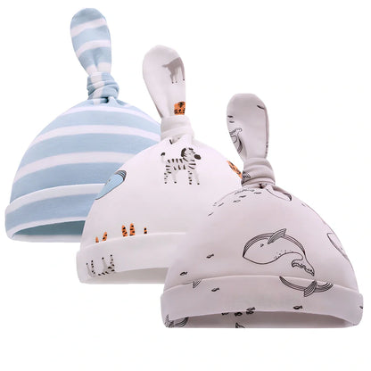 Pure cotton baby hat with dinosaur orange stripes pattern showing 36-48cm adjustable head circumference