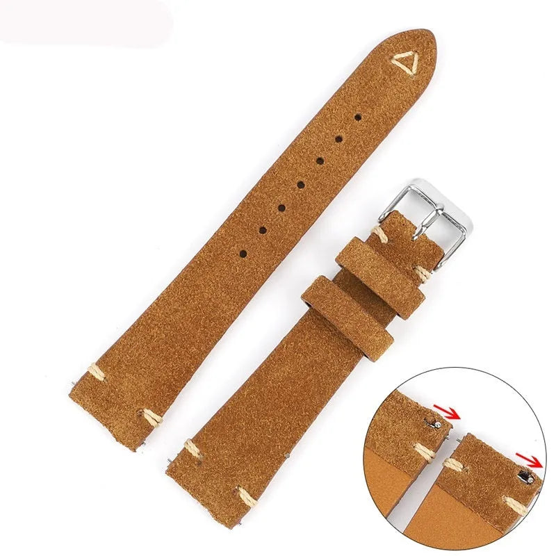 Suede leather watch strap in brown, blue, gray, or Army Green with 20mm or 22mm width options