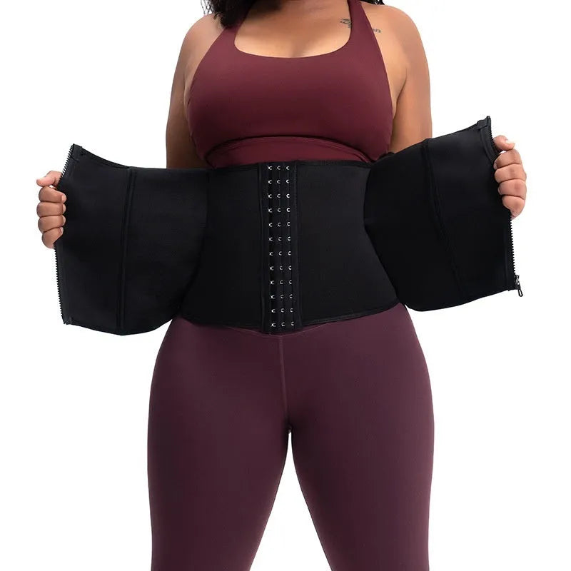 Neoprene belly band body shaping corset in black, shown wrapped for abdominal support during exercise