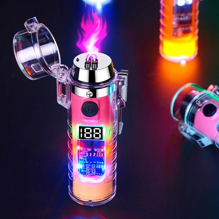 Transparent shell dual arc USB charging lighter with waterproof LED light in various colors