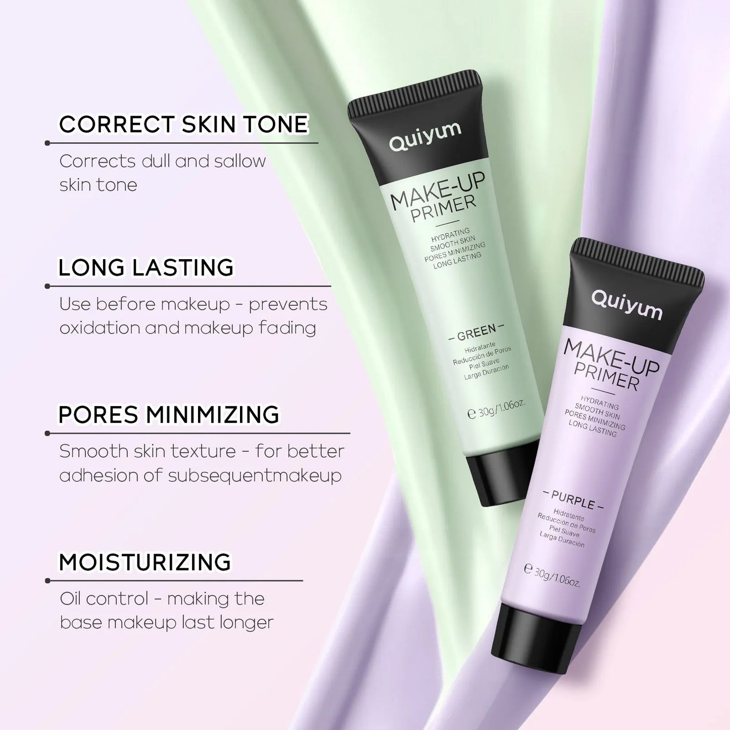 30g colour correcting makeup primer in purple, pink and green shade options with compact packaging