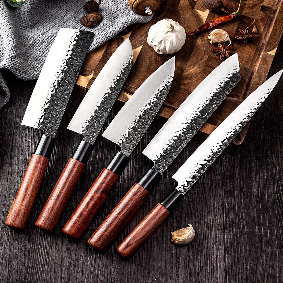 Handmade hammered forged Santoku knife with 18cm stainless steel blade and full tang handle