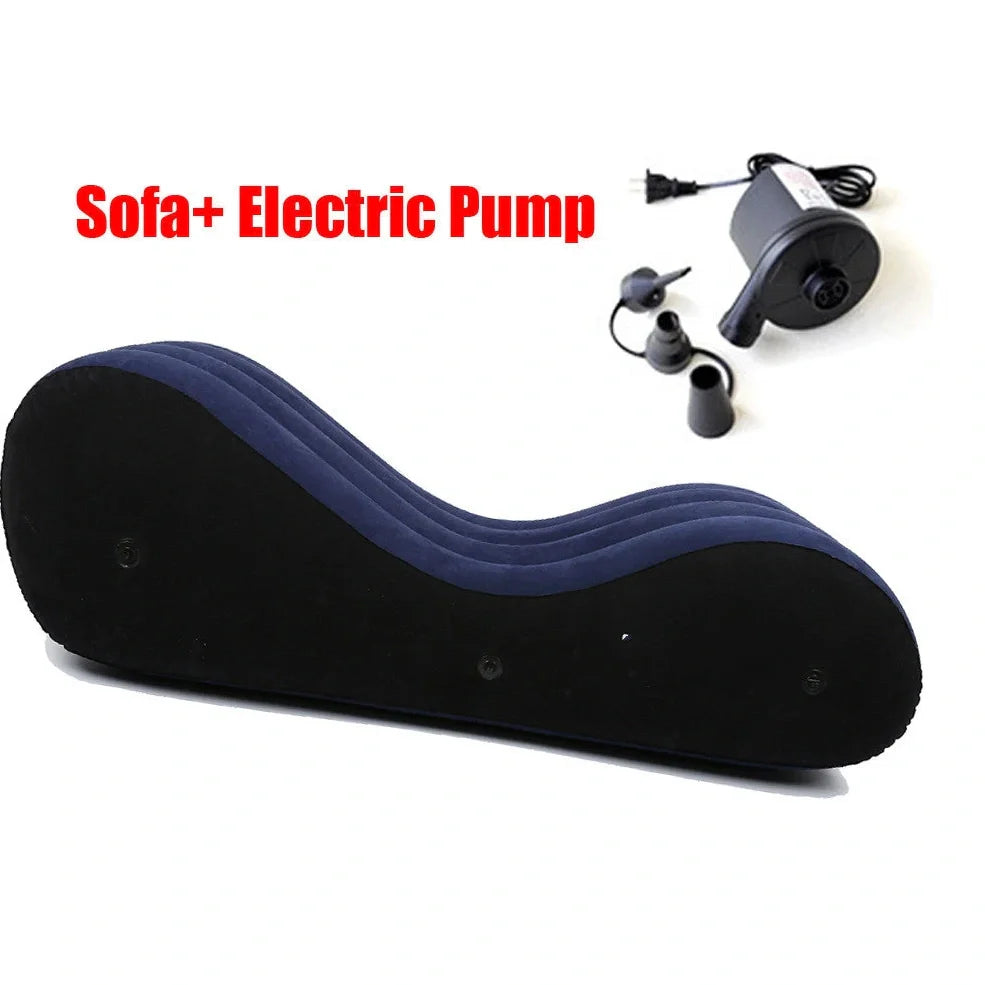 Blue inflatable PVC sofa cushion with flocking, 160cm long, shown inflated with optional electric pump