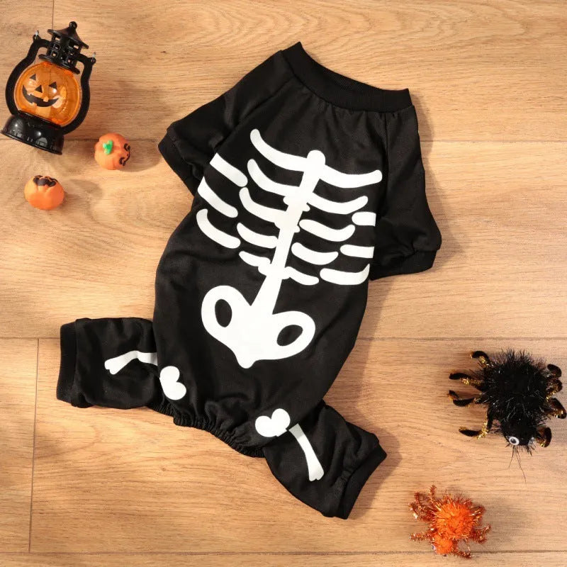 Halloween luminous skeleton bones four-legged pet costume for dog or cat in milk silk or sweater fabric.