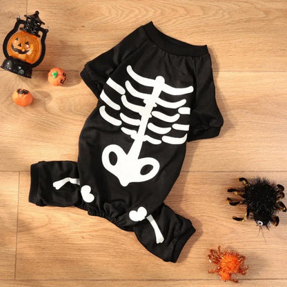 Halloween luminous skeleton bones four-legged pet costume for dog or cat in milk silk or sweater fabric.