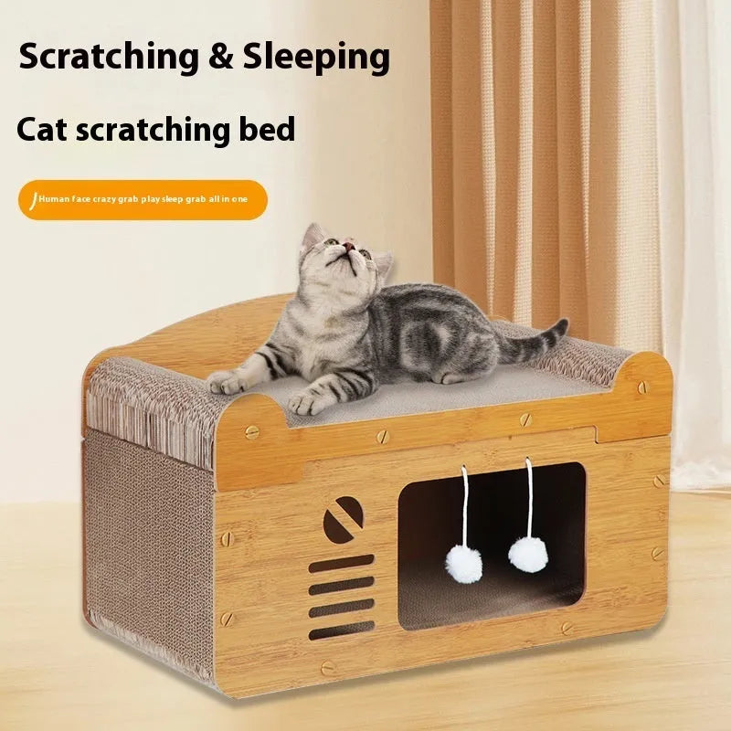 Double layer corrugated paper cat house in Double Ball Double Door design for indoor cats