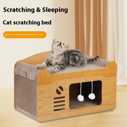 Double layer corrugated paper cat house in Double Ball Double Door design for indoor cats
