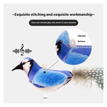 Bird simulation cat plush toy in four summer colour designs: colourful bird, sparrow, blue kingfisher and yellow bird