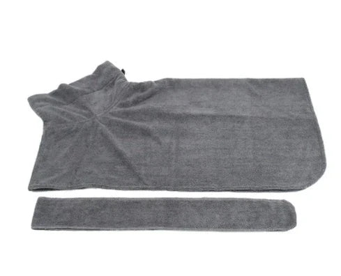 Absorbent dog bathrobe made of soft microfiber material with adjustable waist strap for a custom fit