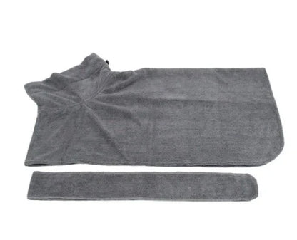 Absorbent dog bathrobe made of soft microfiber material with adjustable waist strap for a custom fit