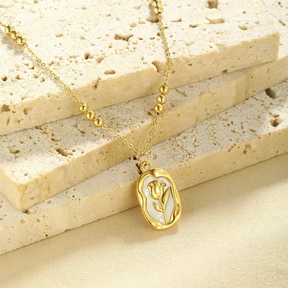 Rose white shell pendant necklace with 18K stainless steel chain