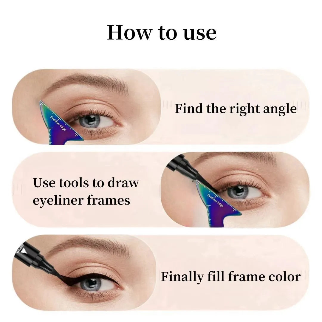 3-in-1 reusable eyeliner stencils for hooded eyes showing winged eyeliner, eyebrow, and nose contour guides