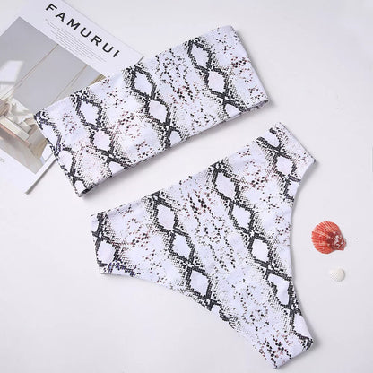 Snake print bandeau bikini with high waist design for summer swimwear