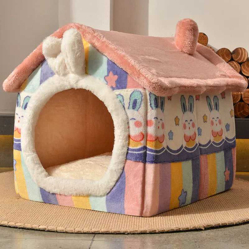 Removable washable plush pet bed house for cats and small dogs, closed yurt shape, available in brown, yellow, grey, blue and pink