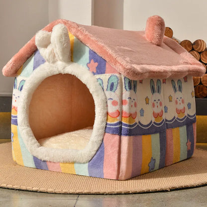 Removable washable plush pet bed house for cats and small dogs, closed yurt shape, available in brown, yellow, grey, blue and pink