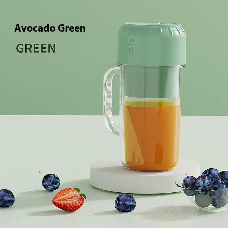Portable USB-powered juicer in avocado green colour with blending jug