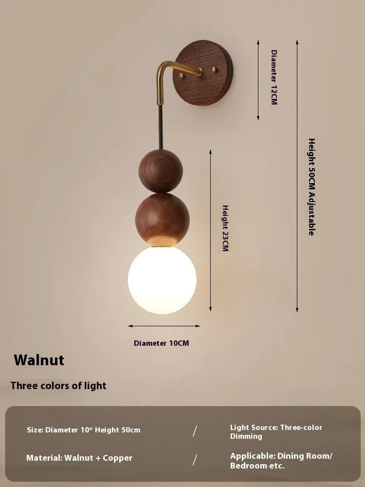 Cylindrical wood and copper wall lamp with tricolour light, 50cm tall.