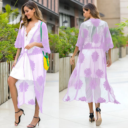 Light purple lace-embroidered beach dress cardigan laid flat, a free-size swimwear cover-up.
