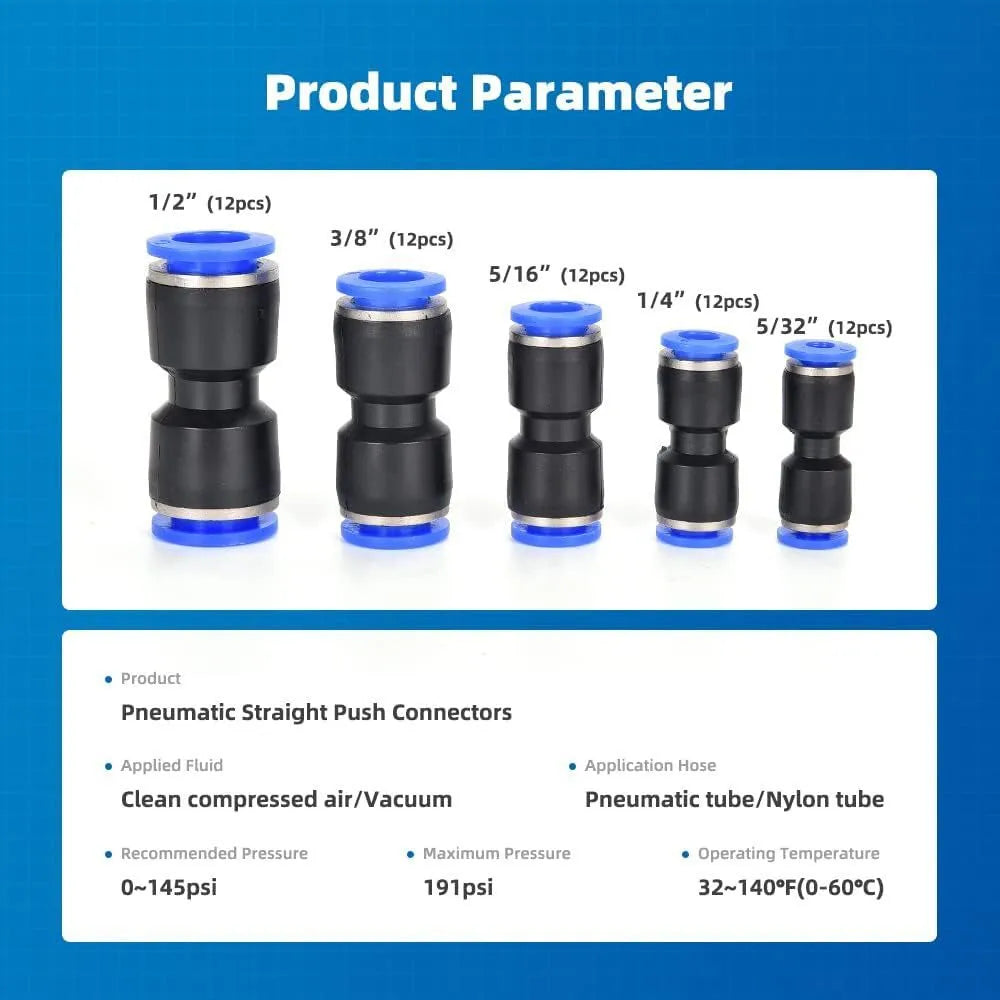 60-piece pneumatic push-in connector set with alloy plastic construction showing R1/4 and R1/2 interfaces for workshop air lines