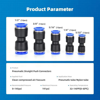 60-piece pneumatic push-in connector set with alloy plastic construction showing R1/4 and R1/2 interfaces for workshop air lines