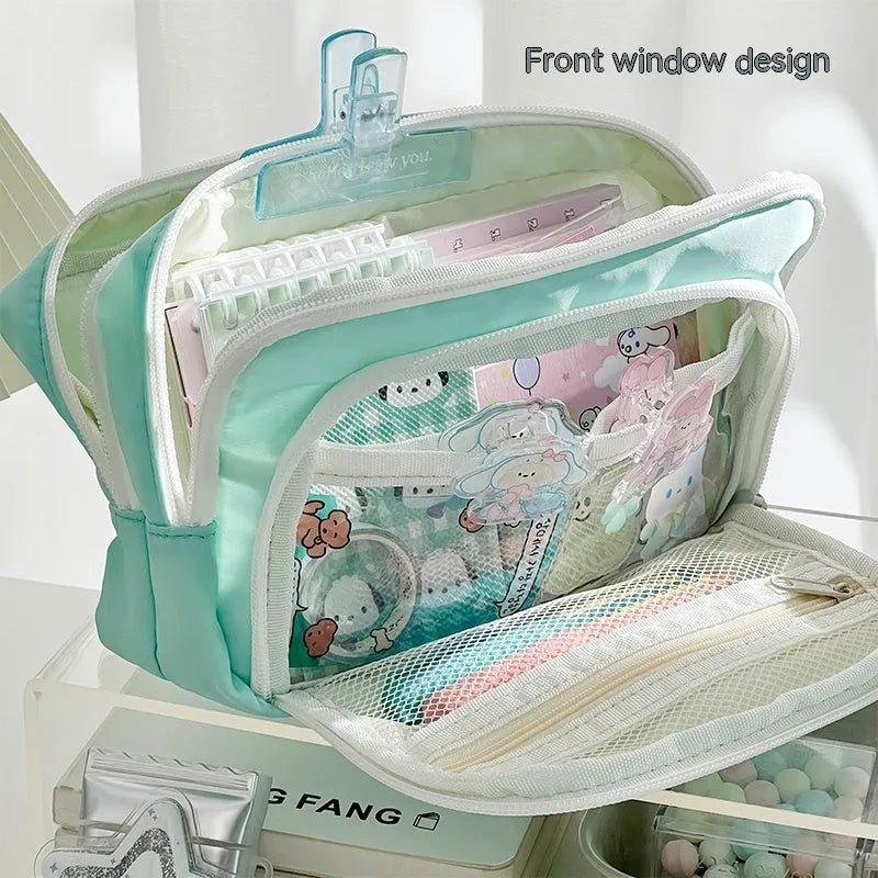 Double layer pencil case in solid colour with gift handle, dimensions 215mm by 135mm