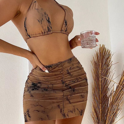 Split Bikini Three-piece Suit in white and brown, perfect for swimming and beach outings