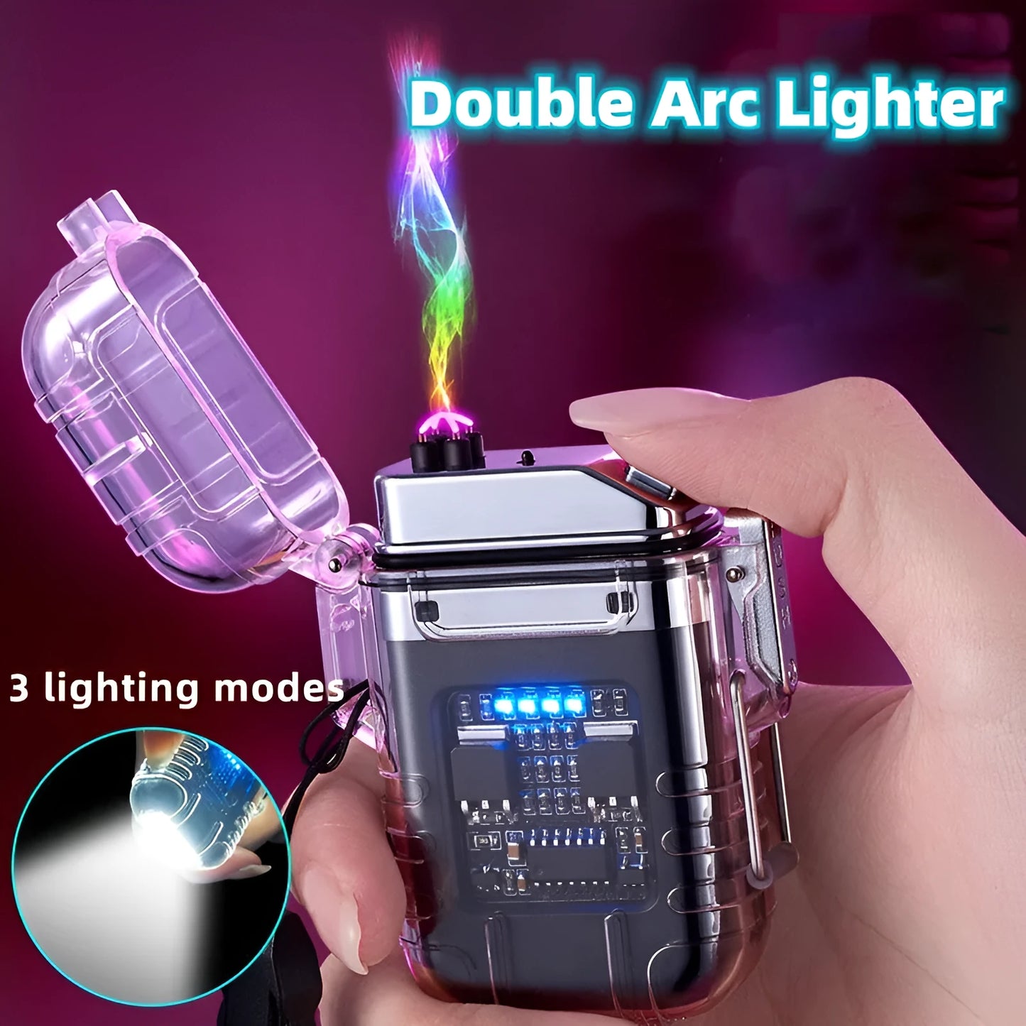 Transparent shell electronic lighter showing plasma arc with detachable pocket clip and paracord lanyard