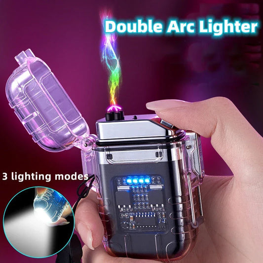 Powerful dual-arc outdoor lighter with transparent shell, detachable pocket clip, and multiple lighting modes for camping, hiking, and survival