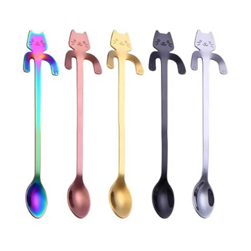 Stainless steel coffee spoon with cartoon cat handle design showing 11.7cm measurement scale